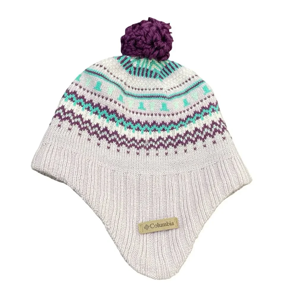 Columbia Omni Heat Earflap Beanie Hat Cream Pink Purple Fair Isle Pom Pom Chullo